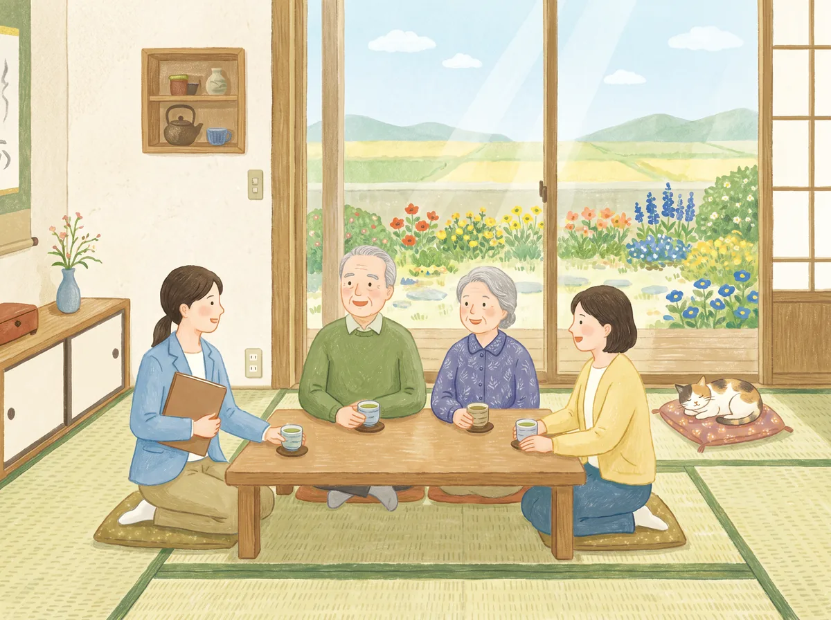 和室で、ケアマネジャーがお年寄りの夫婦と家族の話を聞いている