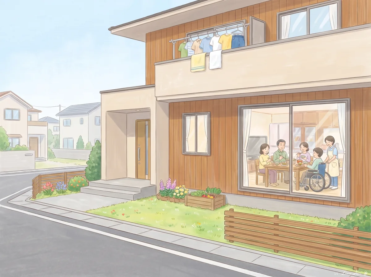 木の茶色と肌色の壁の2階建ての家。窓の中で、入居者さんと支援スタッフが一緒に食事をしている