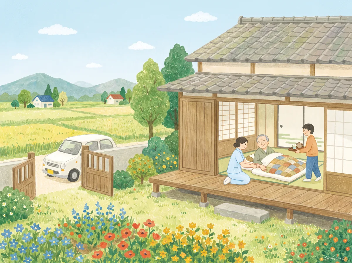 縁側のある家で、看護師が布団のお年寄りを訪ねている