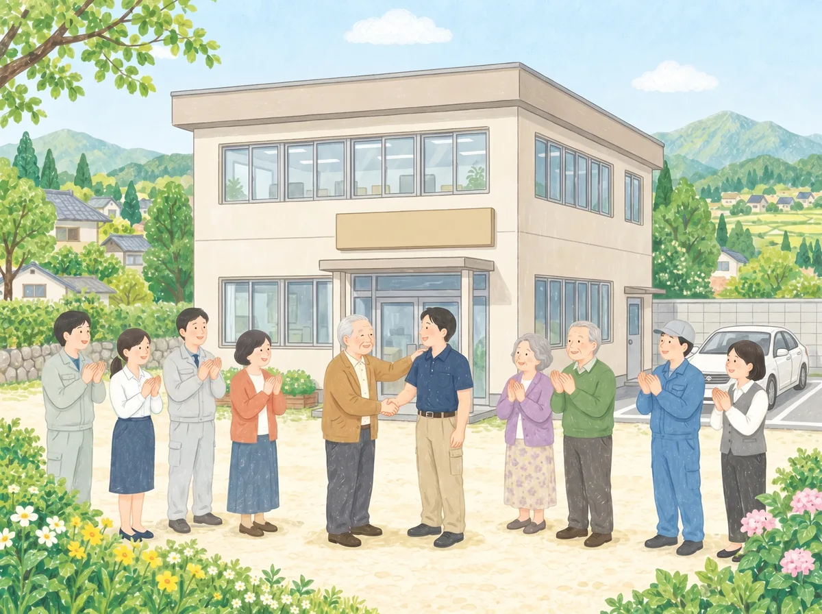会社の事務所の前で、長年の社長と新しい代表が握手し、社員やお客さんが拍手している