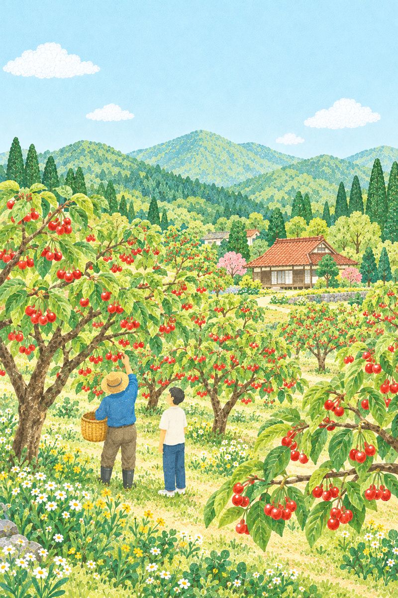 山形のさくらんぼ畑で、おじいちゃんがさくらんぼを摘み、青年がそれを見ている