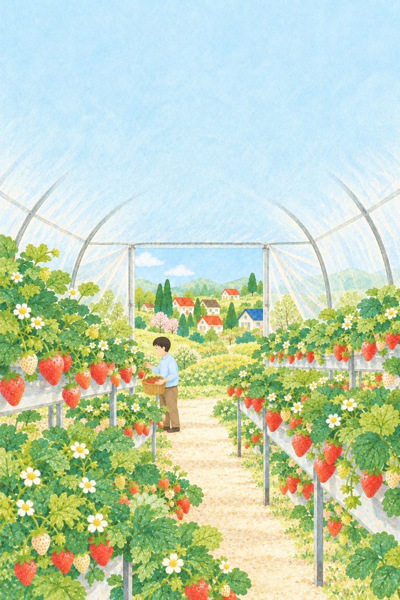 朝のいちごのビニールハウス。入り口の向こうに家々が見える