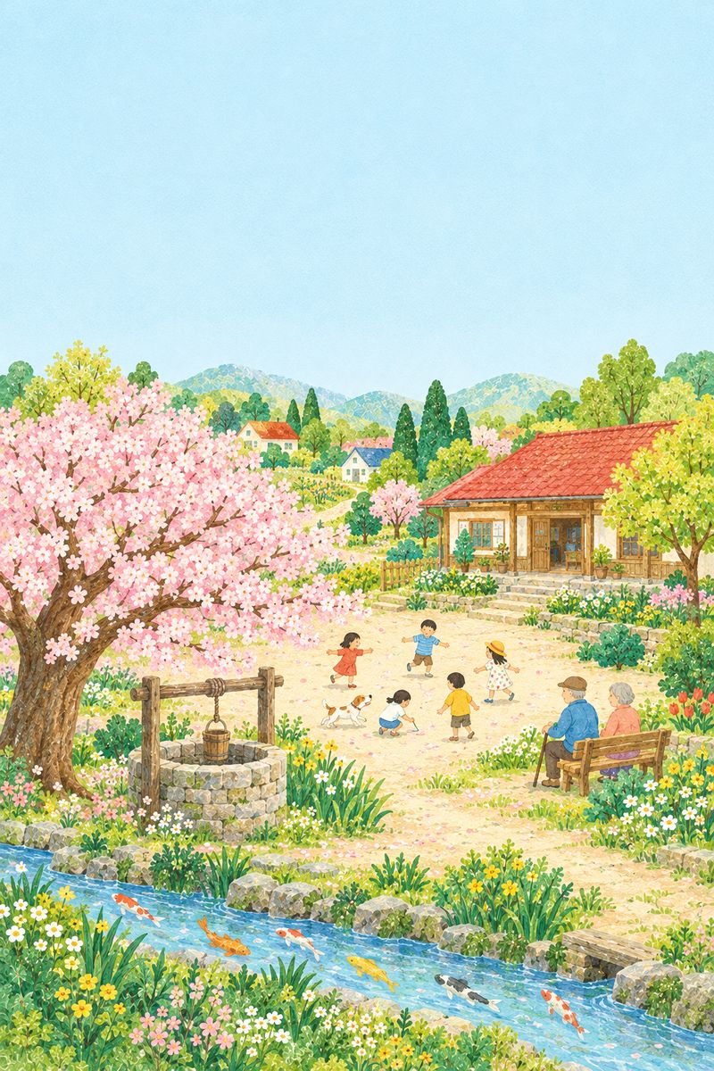 どろんこ広場。井戸と桜と鯉の水路、遊ぶ子どもたちと見守るお年寄り