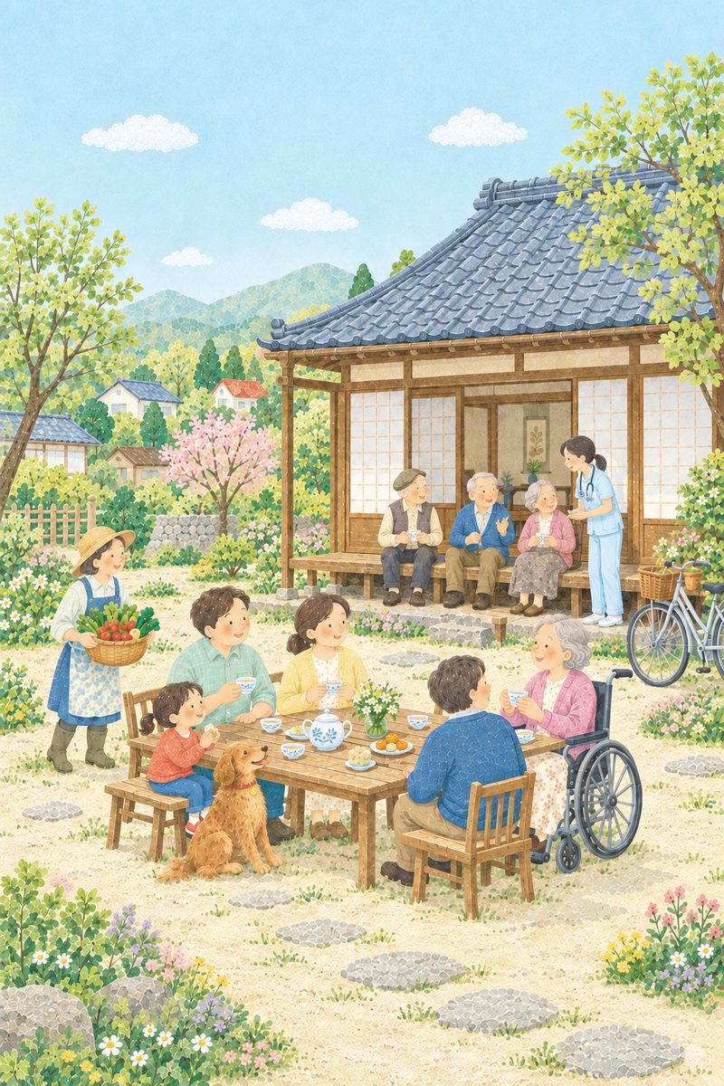 日本の古い家の縁側に、お年寄り、家族、看護師さん、近所の人たちが集まり、庭でお茶をしている