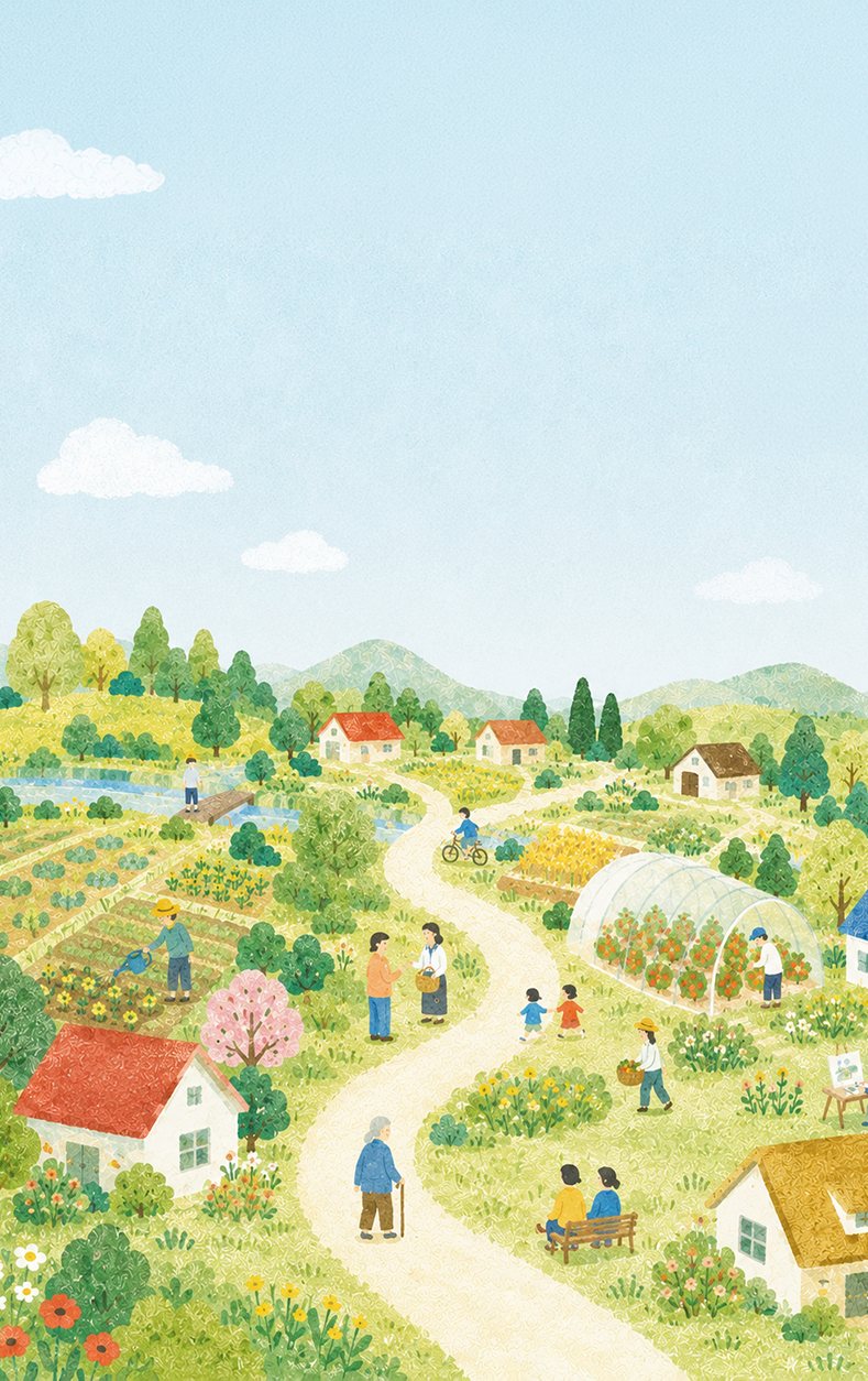 絵本「結家の物語」の表紙の村。畑やビニールハウス、家々が並び、人々が暮らしている