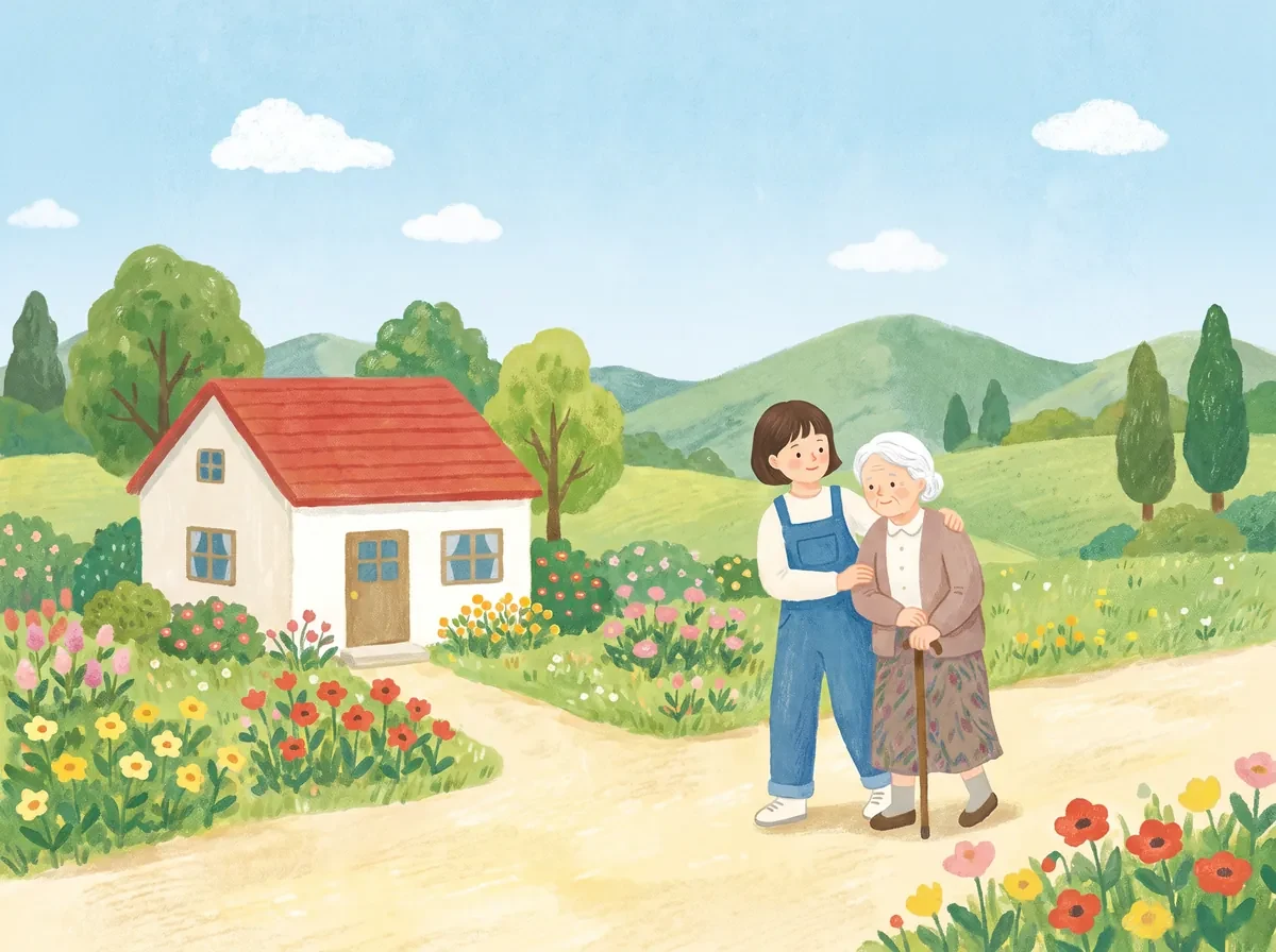介護の人が、杖をついたお年寄りの女性と並んで歩いている絵