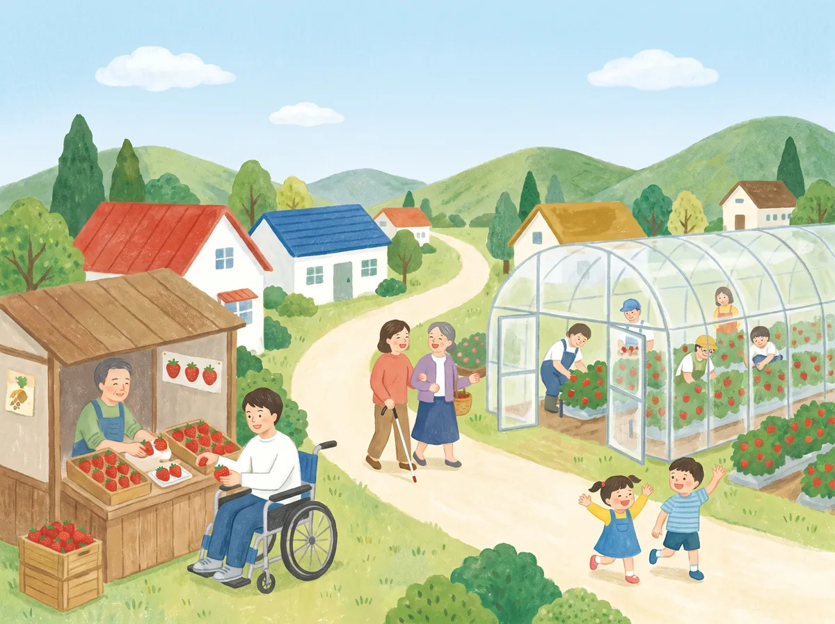 いちご農園の直売所で車いすの人が働き、白い杖の人が友だちと歩く村の絵