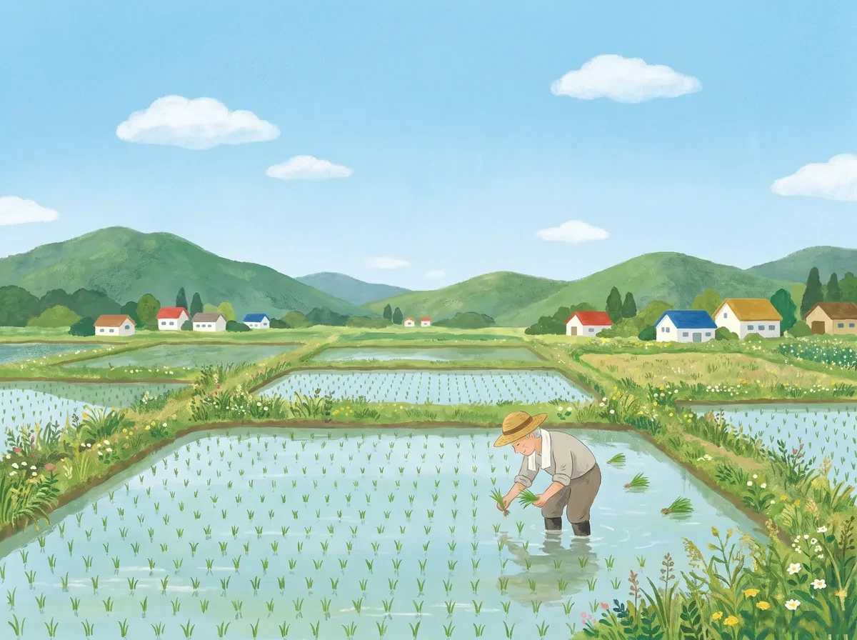 広い田んぼで一人で田植えをするお年寄りの農家の絵