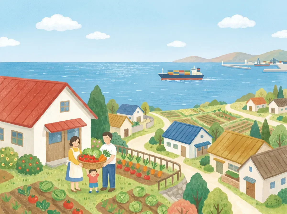 家の横の畑で家族が野菜をとり、遠くの海を大きな船が港へ向かう絵