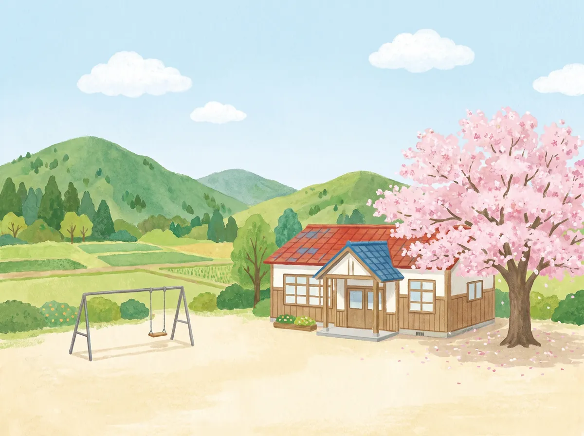 子どもの姿がない、桜の木のある小学校の校庭の絵