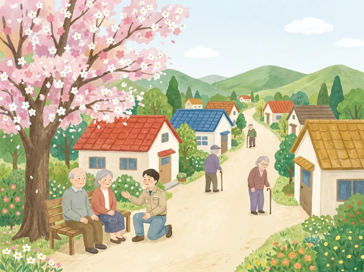 桜の木の下のベンチで、お年寄りの夫婦に働く世代の人が寄り添っている絵