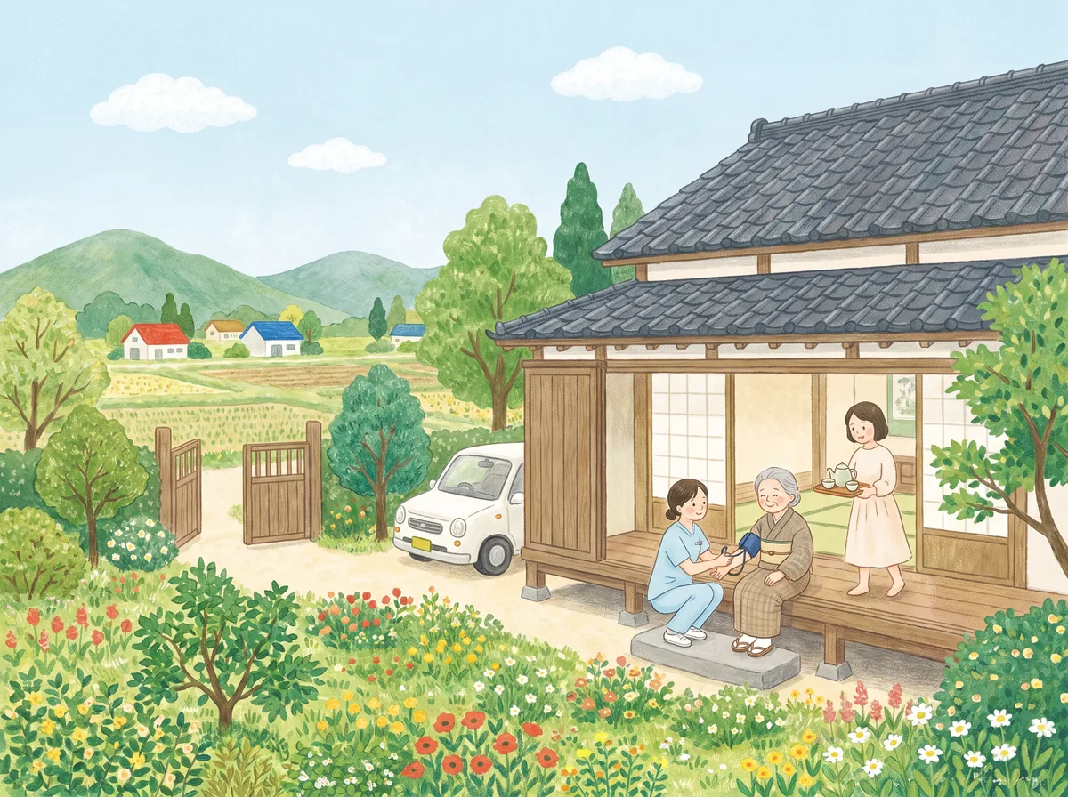瓦屋根の家の縁側で、看護師がお年寄りの血圧を測り、娘さんがお茶を運んでいる。庭の向こうに村と山